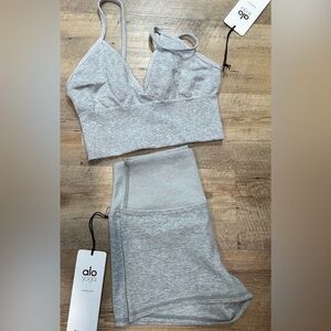 NWT ALO YOGA SET Aura ALOSOFT Shorts Delight Seamless Bralette Zinc Dove Heather